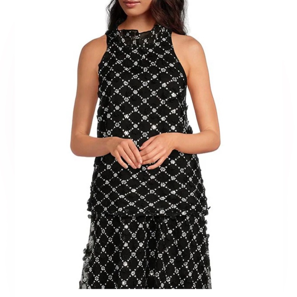 NWT Abbey Glass Sz XS Rory Sequin Lace Ruffle Neck Sleeveless Halter Top $165